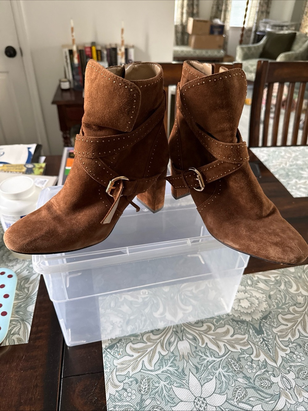 Ann Taylor loft suede brown heeled buckled boot